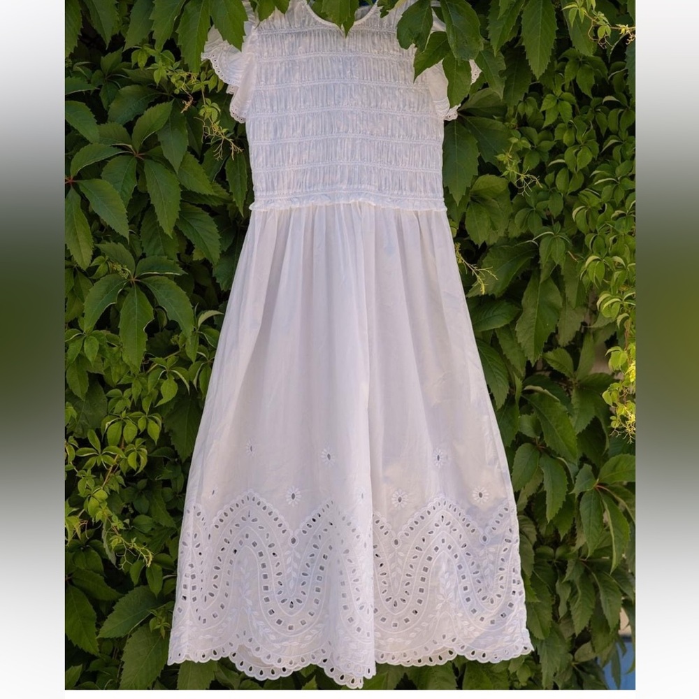 J McLaughlin White Cotton Eyelet Dress Midi Scalloped Hem Spring Summer